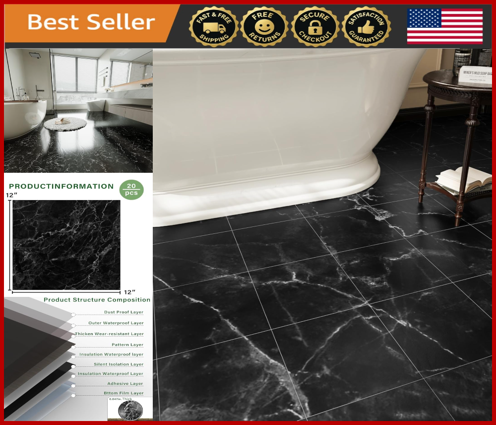 20-Pack Black Marble 12x12 Waterproof Peel & Stick Vinyl Floor Tiles for DIY