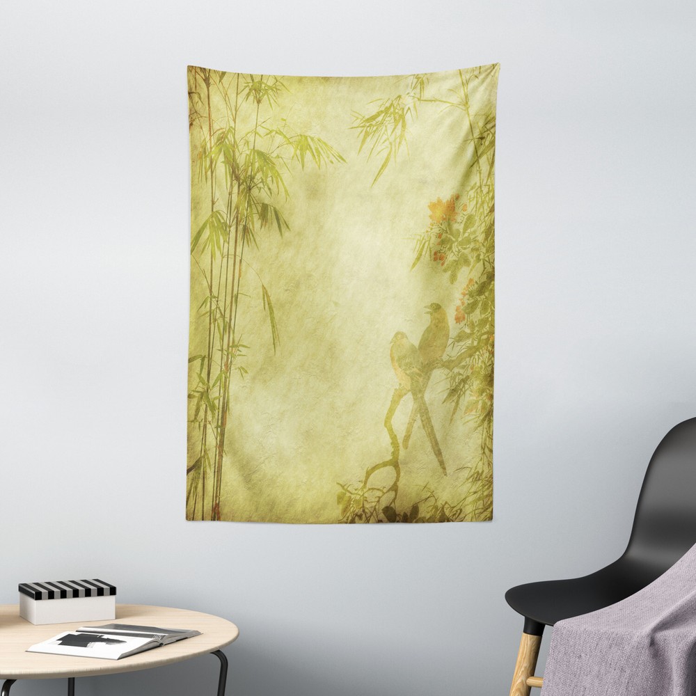 Green Tapestry Branch and Bamboo Stems Print Wall Hanging Decor