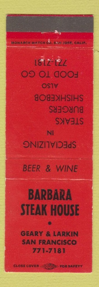 Matchbook Cover - Barbara Steak House San Francisco CA
