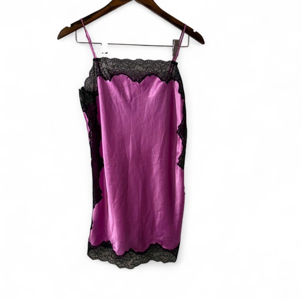Victoria Secret Satin Slip Dress Sz S Black Lace Purple Y2K