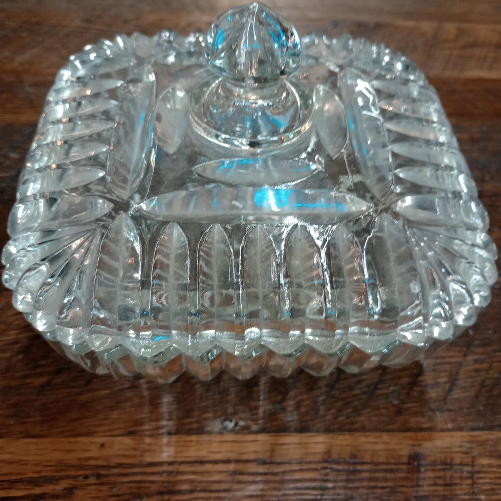 Vintage 50s Anchor Hocking Square Clear Glass Candy Dish with Lid Deep Cuts 6.5 Inch