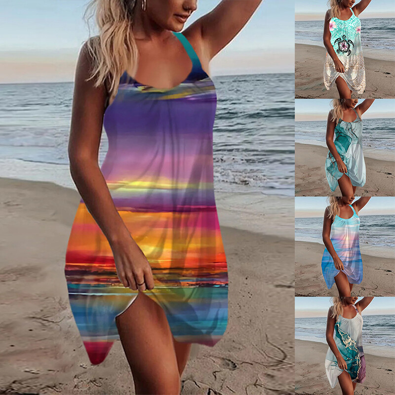 Women Boho Dress Summer Hoilday Ladies Beach Sleeveless Bikini Cover Up Sundress