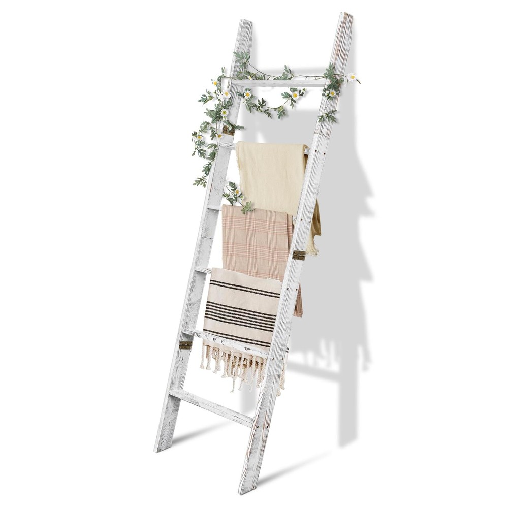 6-Tier Blanket Ladder Wooden,100% Pine,Towel Holder Rack with Anti-Slip Const...