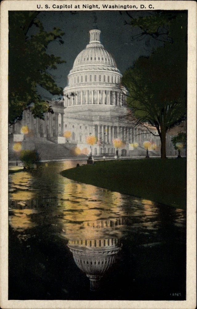 Washington DC US Capitol building night 1920s vintage unused postcard