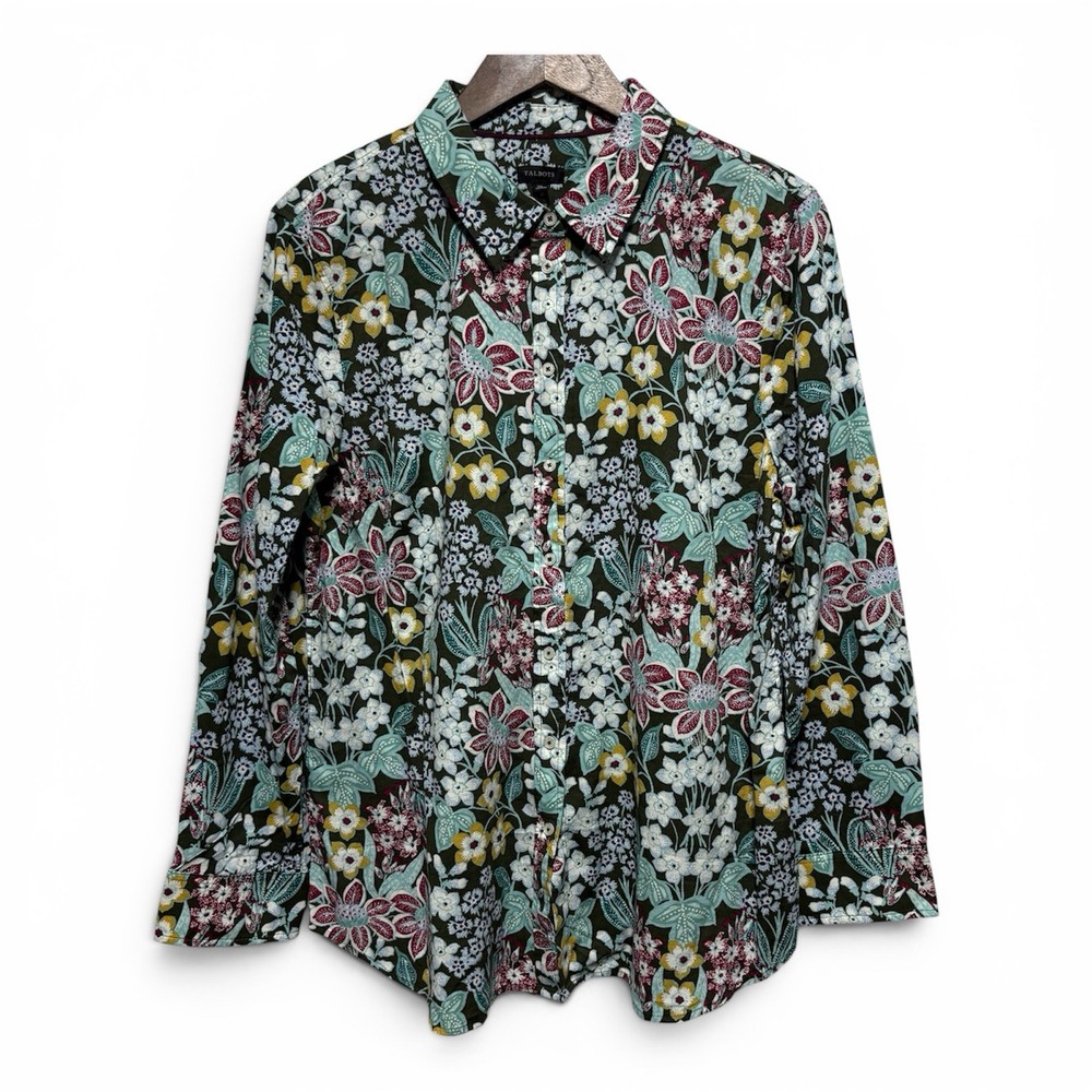 Talbots Blouse Womens XL Green Floral Long Sleeve Button Front Lightweight Top