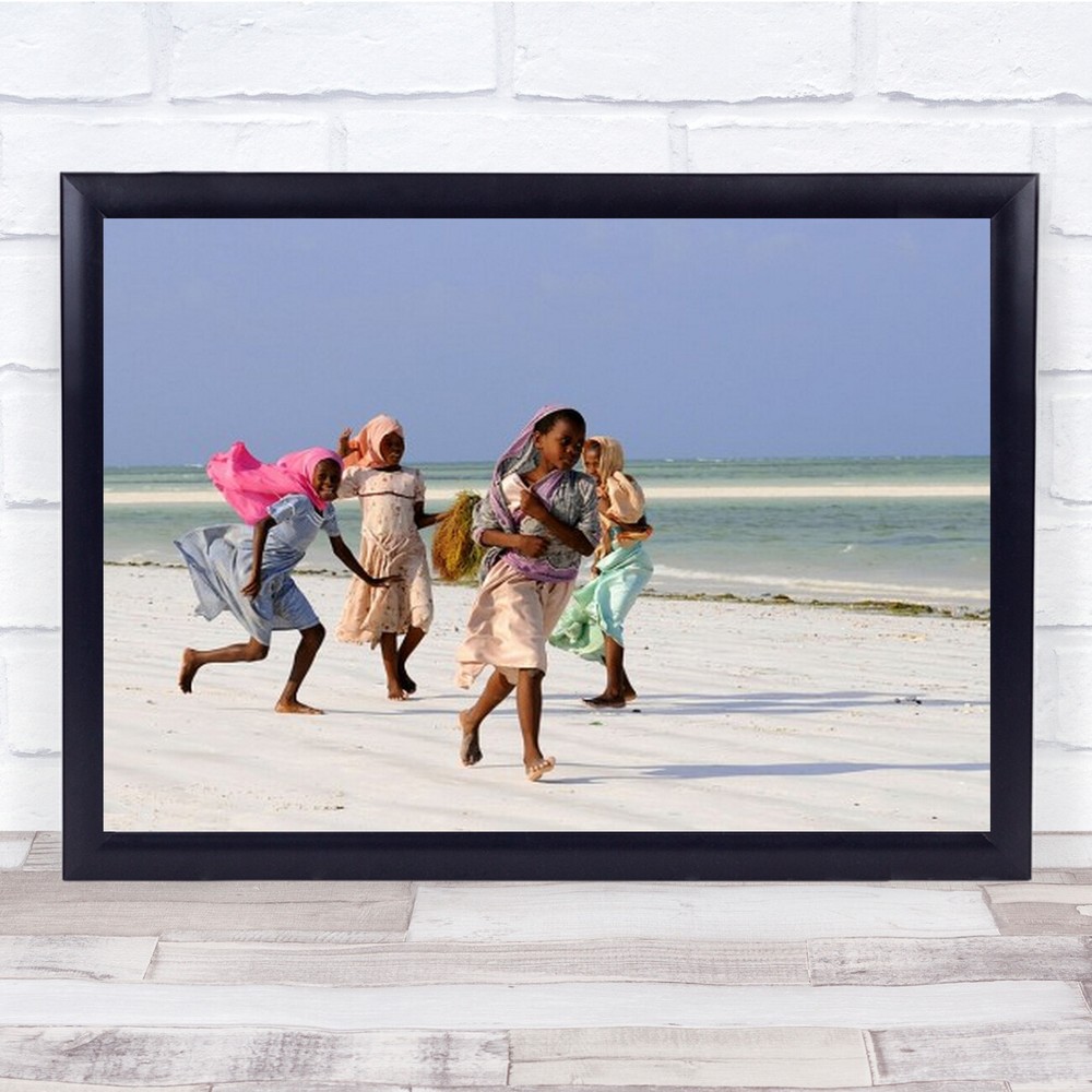 Z1 Girl Kid Child People Beach Running Play Zanzibar Action Run Wall Art Print