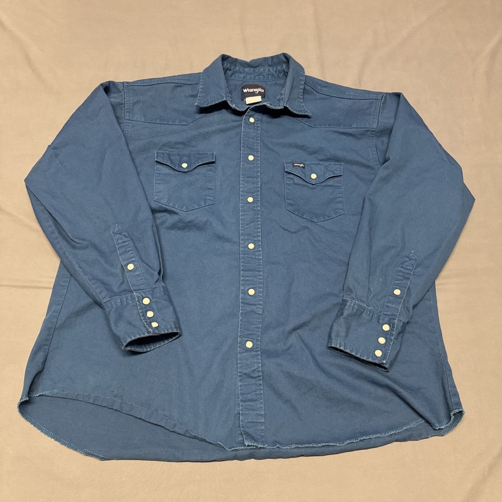 Wrangler Shirt 2XL Men's Workwear Pearl Snap Blue Western Cowboy Canvas