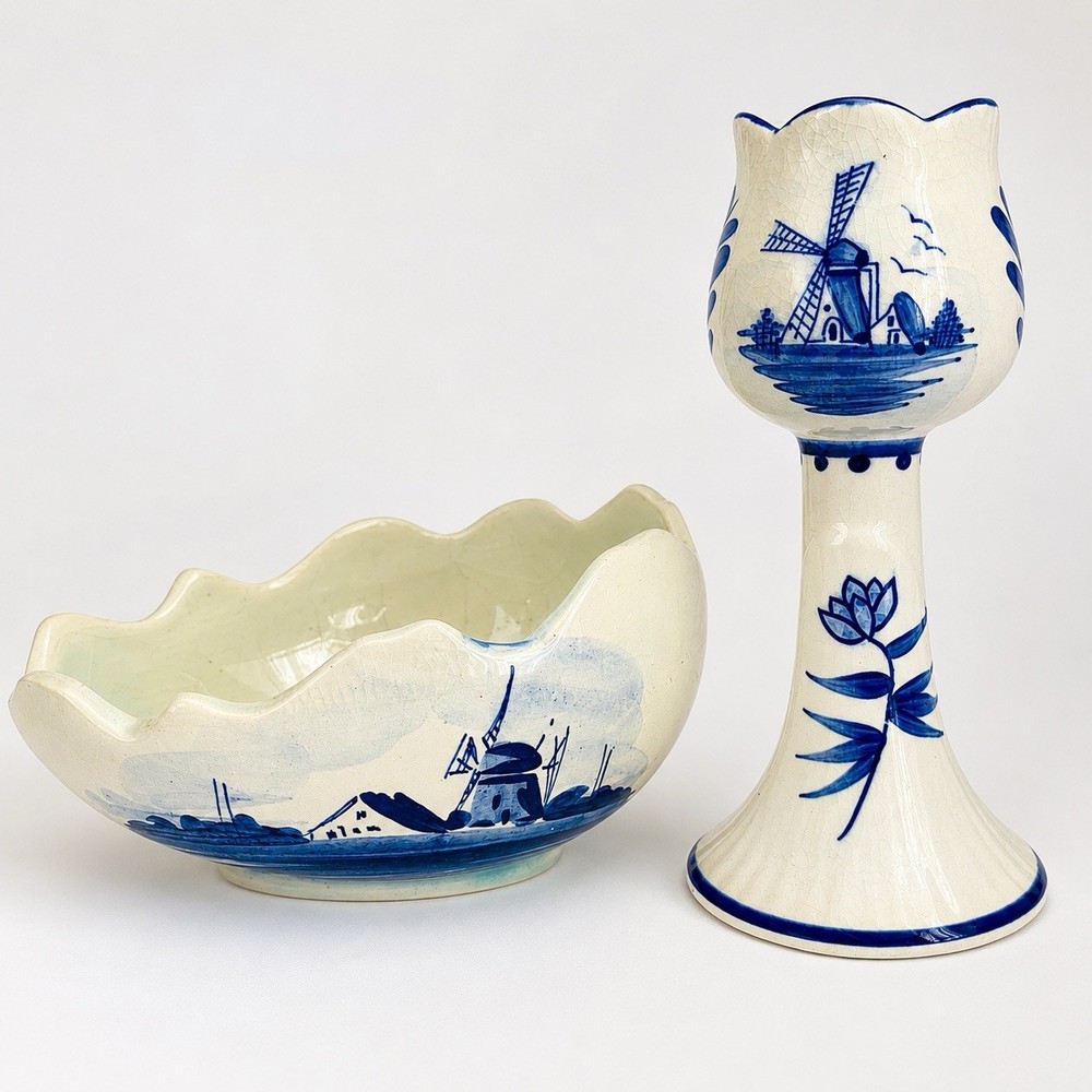 Vintage Delft Blue Holland Hand Painted Candlestick & Trinket Dish Set