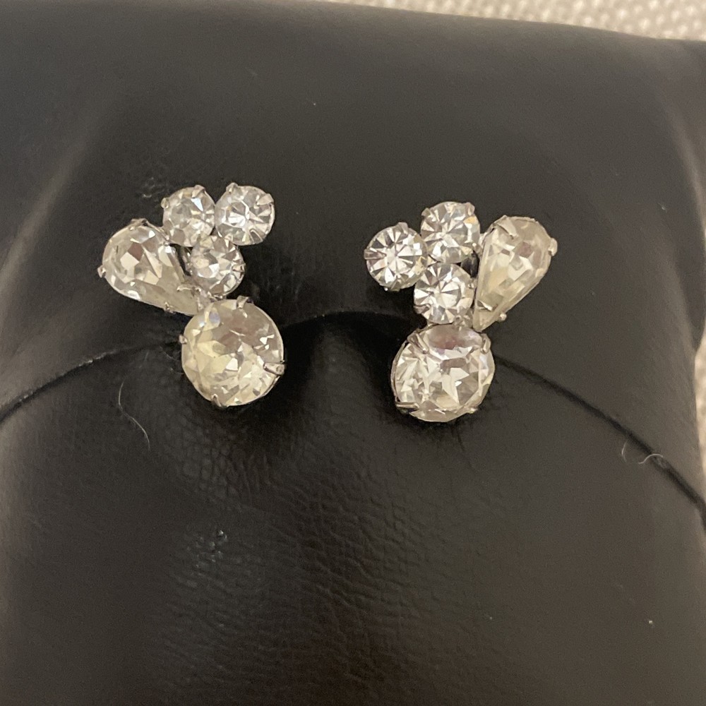 Hollywood Regency Bridal Rhinestone Silver Tone Screw Back Earrings Vintage MCM
