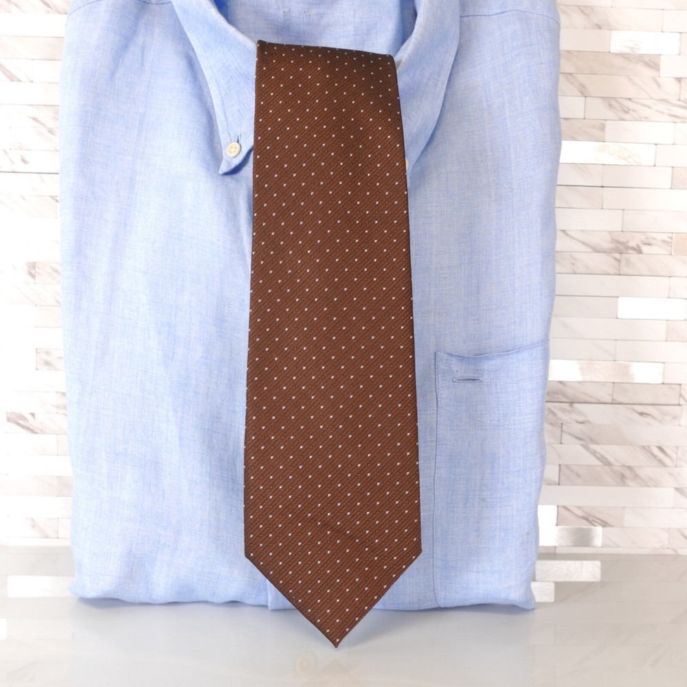 Franco Vieri Neck Tie Mens Brown White Polka Dots Formal Dress Simple Business