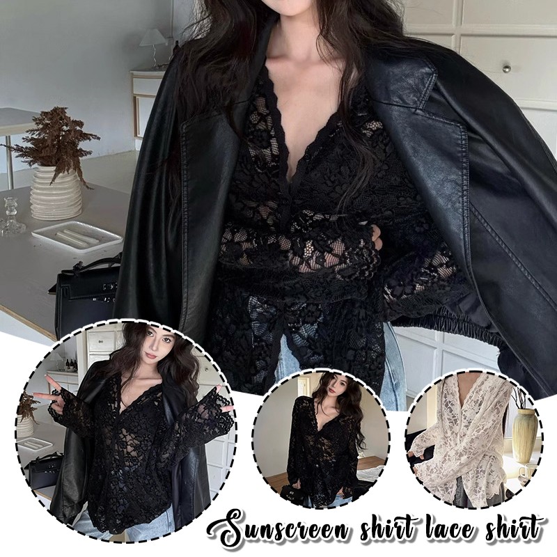 Sun Protection Shirt Long Sleeved Lace Shirt Women's Summer Loose Hollow Top