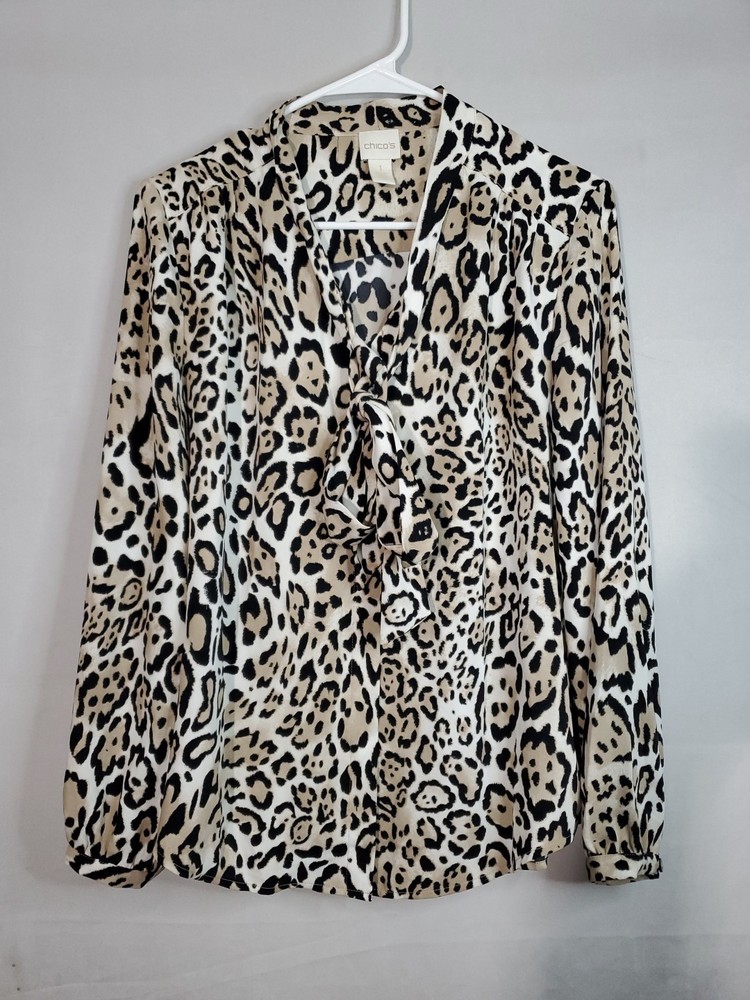 Chico's Blouse Women's Size 1/medium Tie Front V-Neck Animal Print Long Sleeve