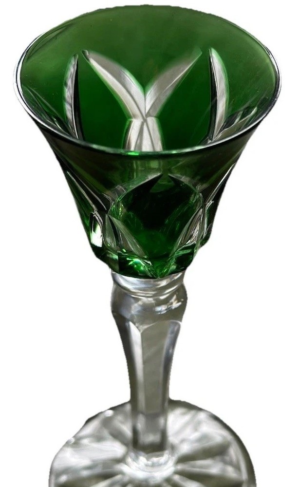Saint Louis Crystal Green Emerald Cut To Clear Cordial Glass