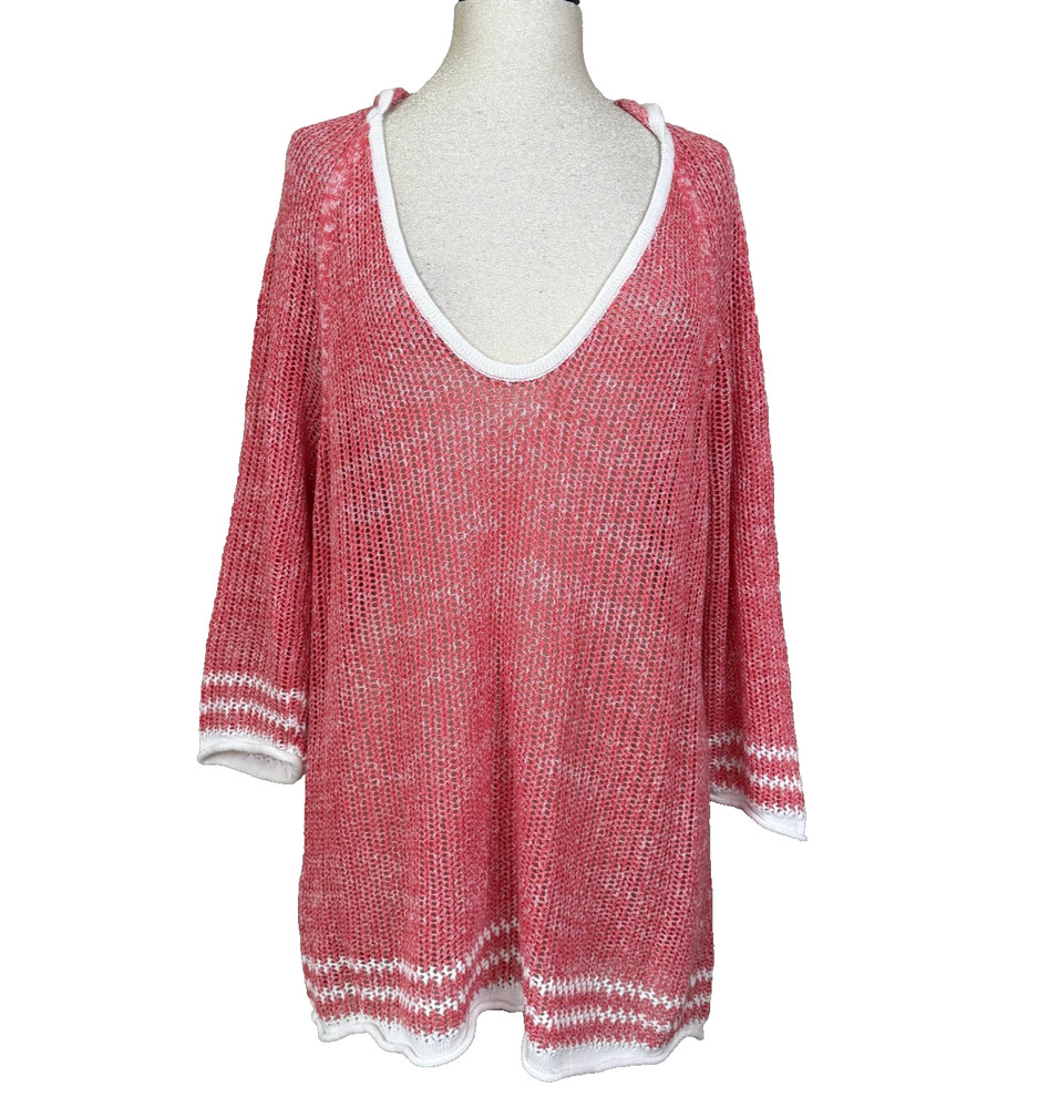 Tommy Bahama Sweater Tunic Womens XL Pink Linen Hooded Open Knit Beachy Coverup