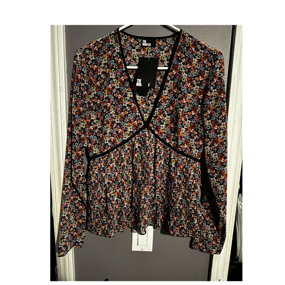 The Kooples Multicolor Floral Pleated V-Neck Pullover Long Sleeve Blouse Size 1
