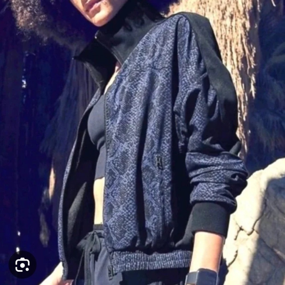 Athleta Brooklyn Snake Python Bomber Jacket Navy Blue Black Full Zip Womens M