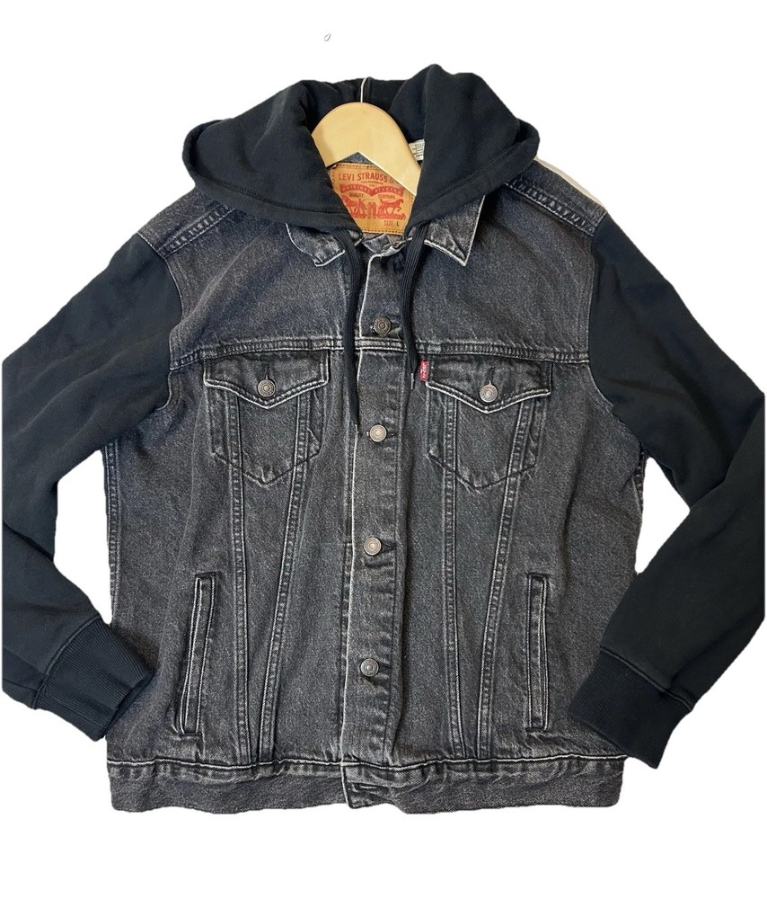 Levis Men’s Black Hooded Hybrid Jean Trucker Jacket Size Large