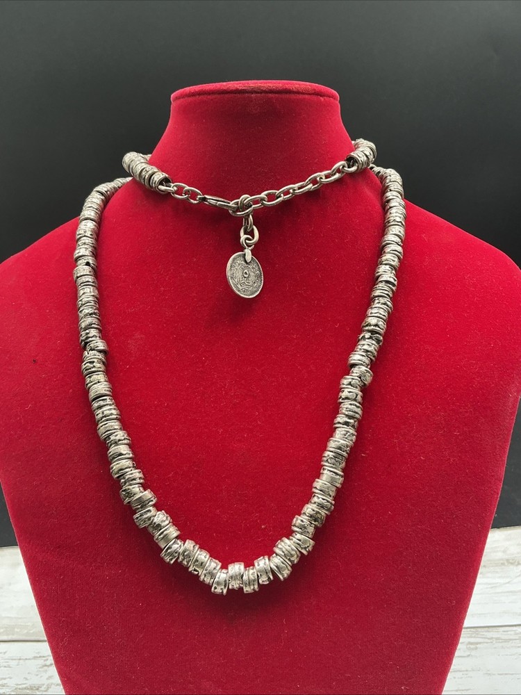 Vintage Art Deco Silver Tone Necklace with Tubular Barrel Beaded Chain Links