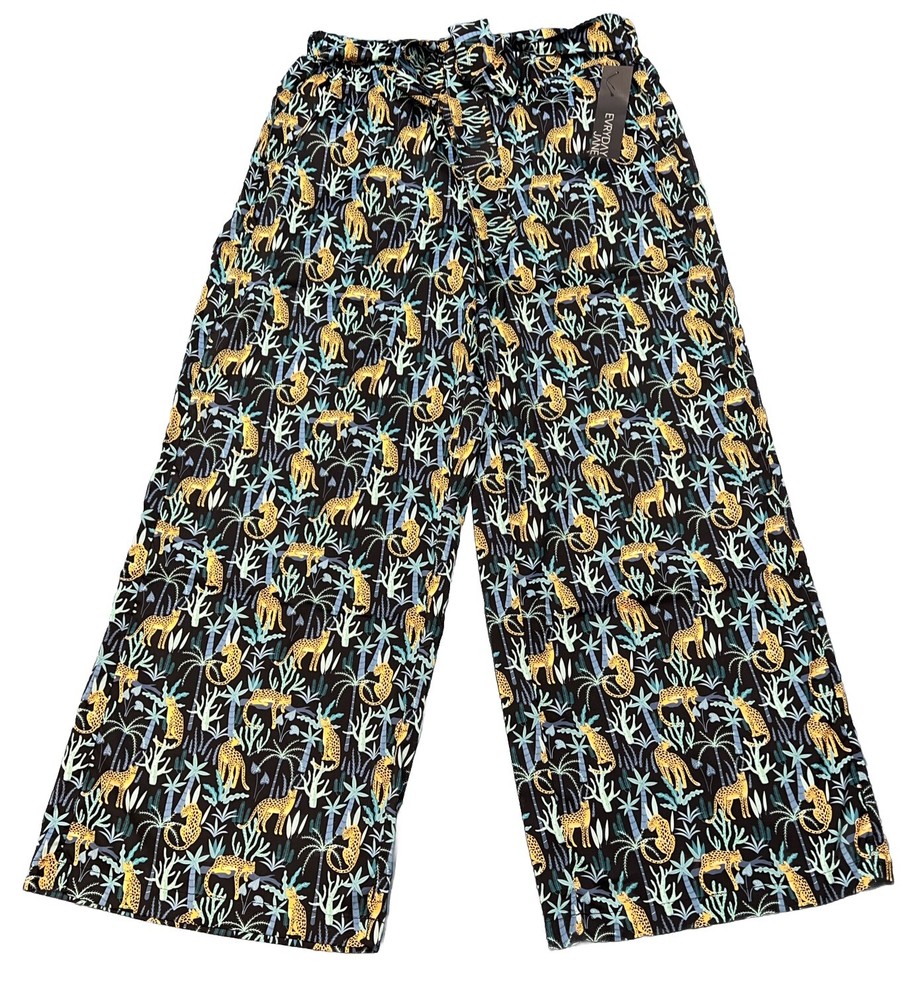 Everyday Jane Pants Womens Size Large Cheetah Faux Silk Wide Leg Pull On Black