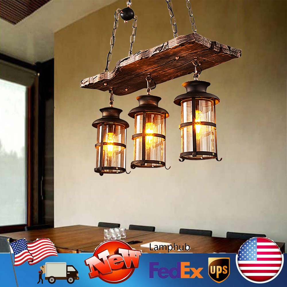 3 Heads Chandelier Industrial Ceiling Lamp Rustic Wood Hanging Pendant Light
