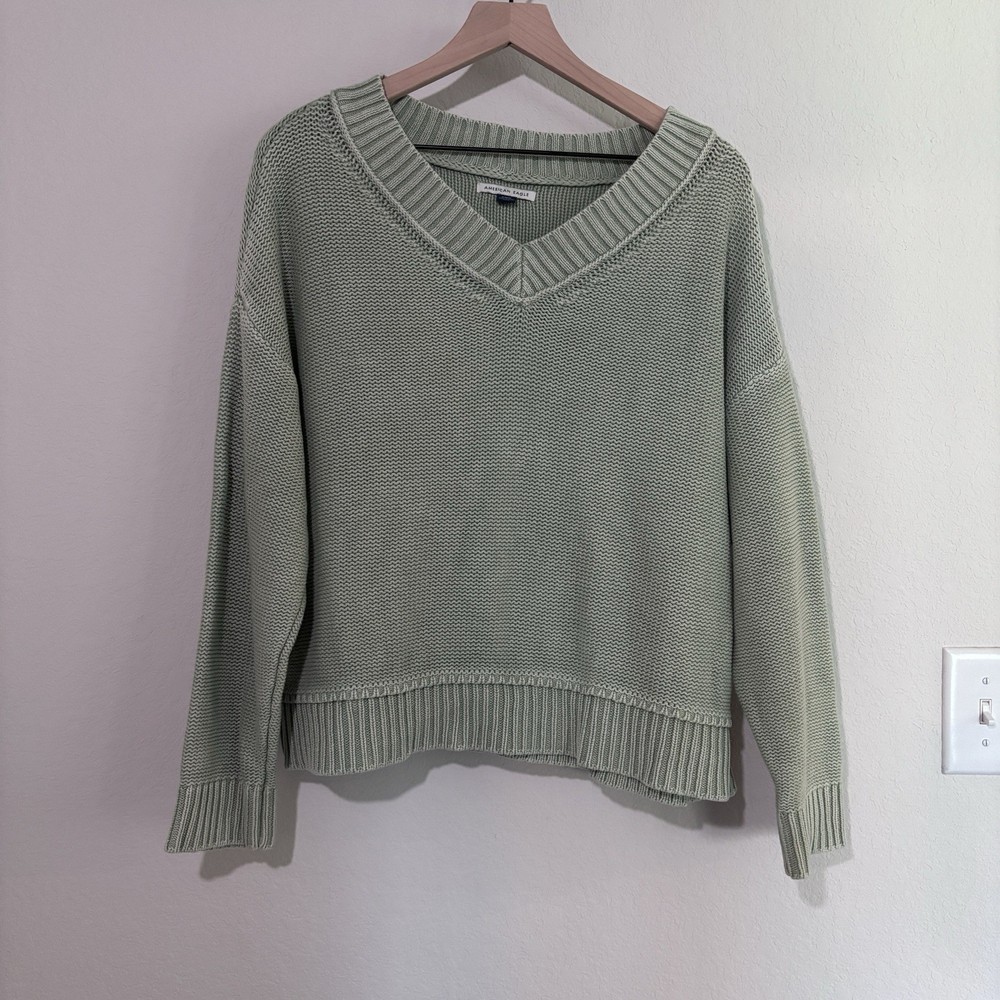 American Eagle Sage Green Knit Sweater Medium Coastal Grandmother V Neck