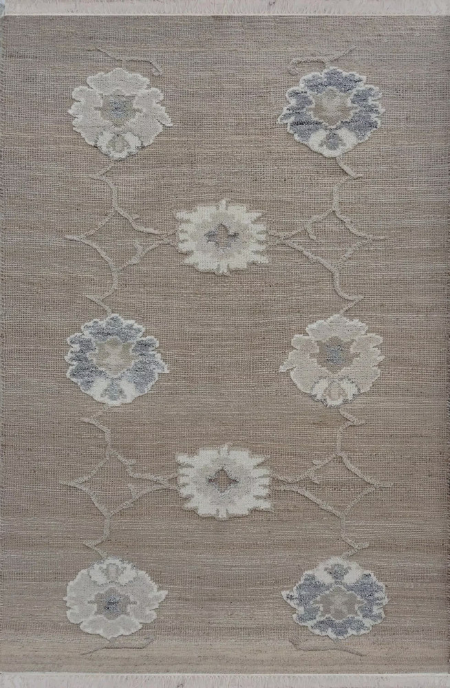 Hand Knotted Beige Floral Wool Jute Rug | Neutral Rustic Botanical Area Carpet