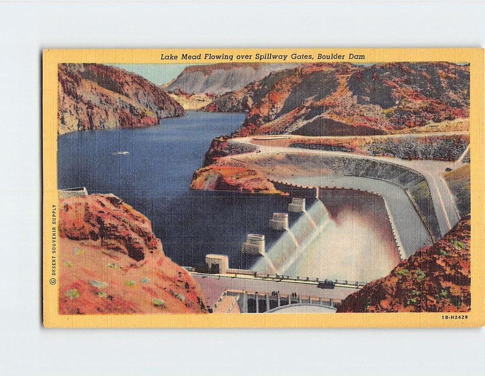 Postcard Lake Mead Flowing over Spillway Gates Boulder Dam Nevada Arizona USA