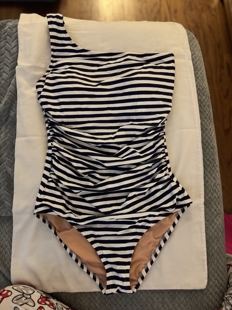Lands' End One-Shoulder Striped One Piece Swimsuit Navy White Ruched Size 8
