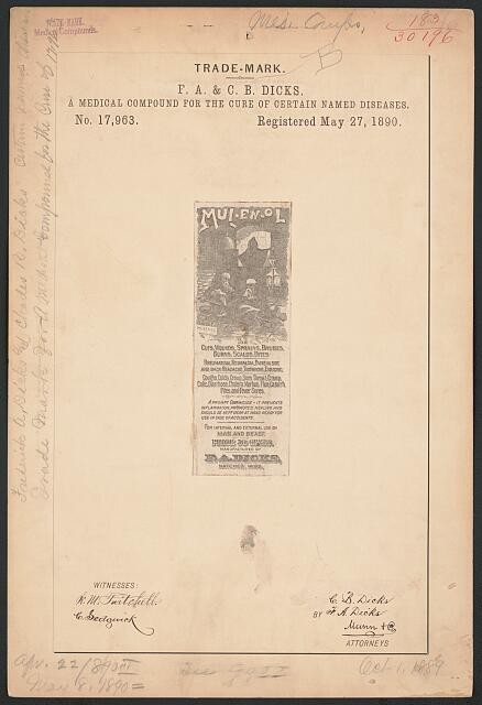 Photo:1890 Trademark Registration F A C B Dicks Mulenol Medical Compound