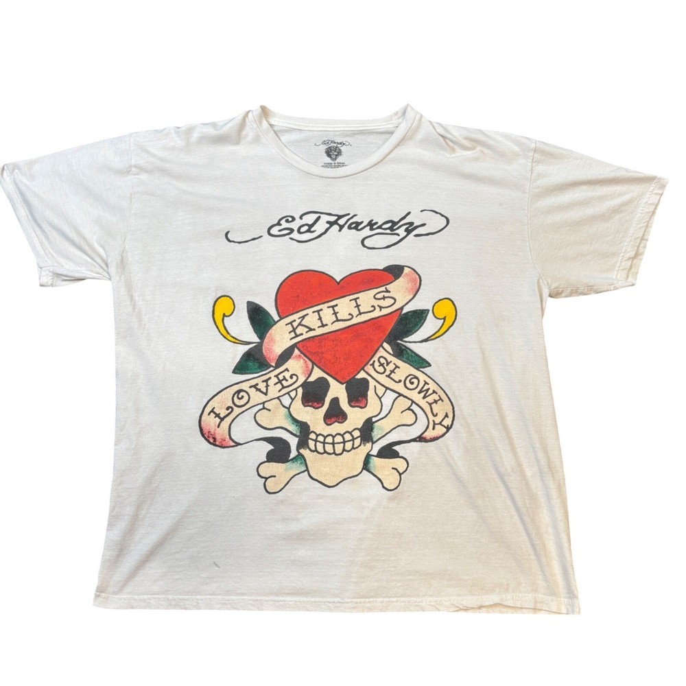 Ed Hardy Love Kills Slowly Graphic T-Shirt White Mens 2X Skull Heart Tattoo Tee