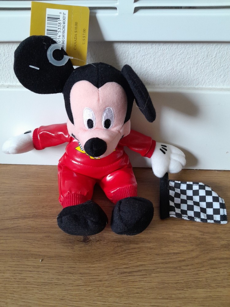 Rare Vintage NWT Disney Store 1999 Mini 8” Bean Bag Car Racing Mickey Mouse