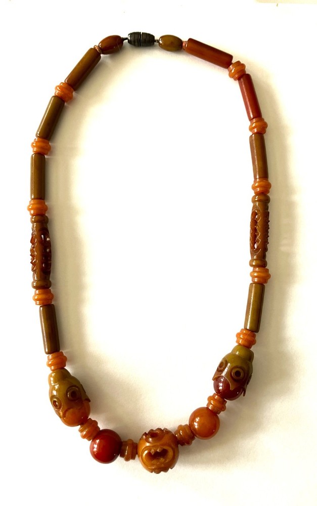 Vintage Intricately Carved Multicolored Celluloid Plastic Beaded Necklace 16