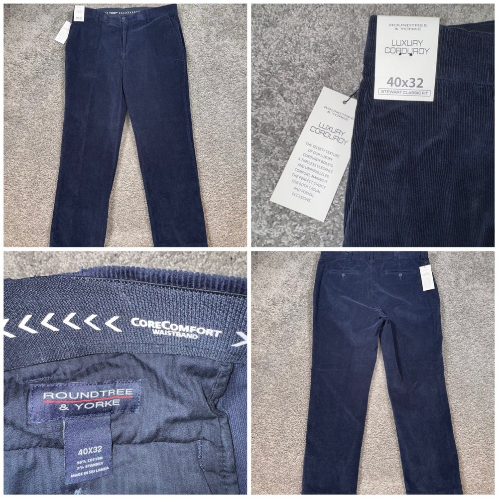 Roundtree & Yorke Corduroy Pants Mens Stewart Classic Fit Navy Blue 40x32 NEW