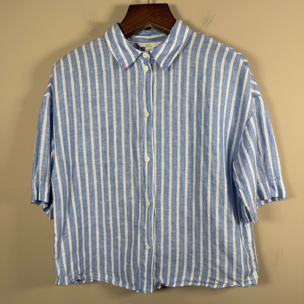 H&M 100% Linen Blue/White Stripe Boxy Crop Button Down Shirt Small