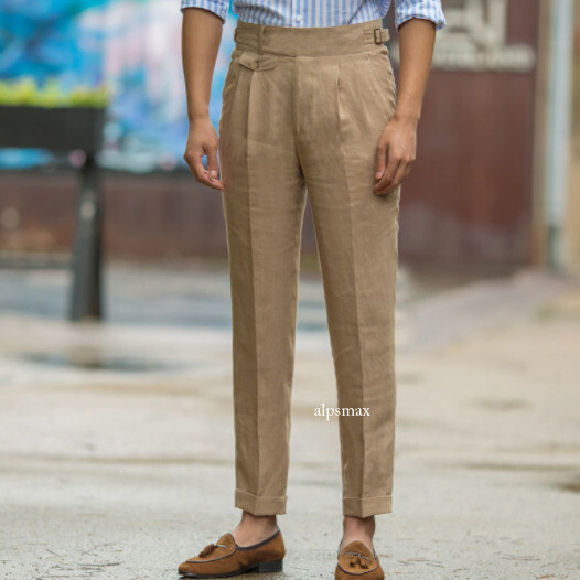 Retro Gurkha Linen Pants for Men High Waist Business Casual Straight Trousers  
