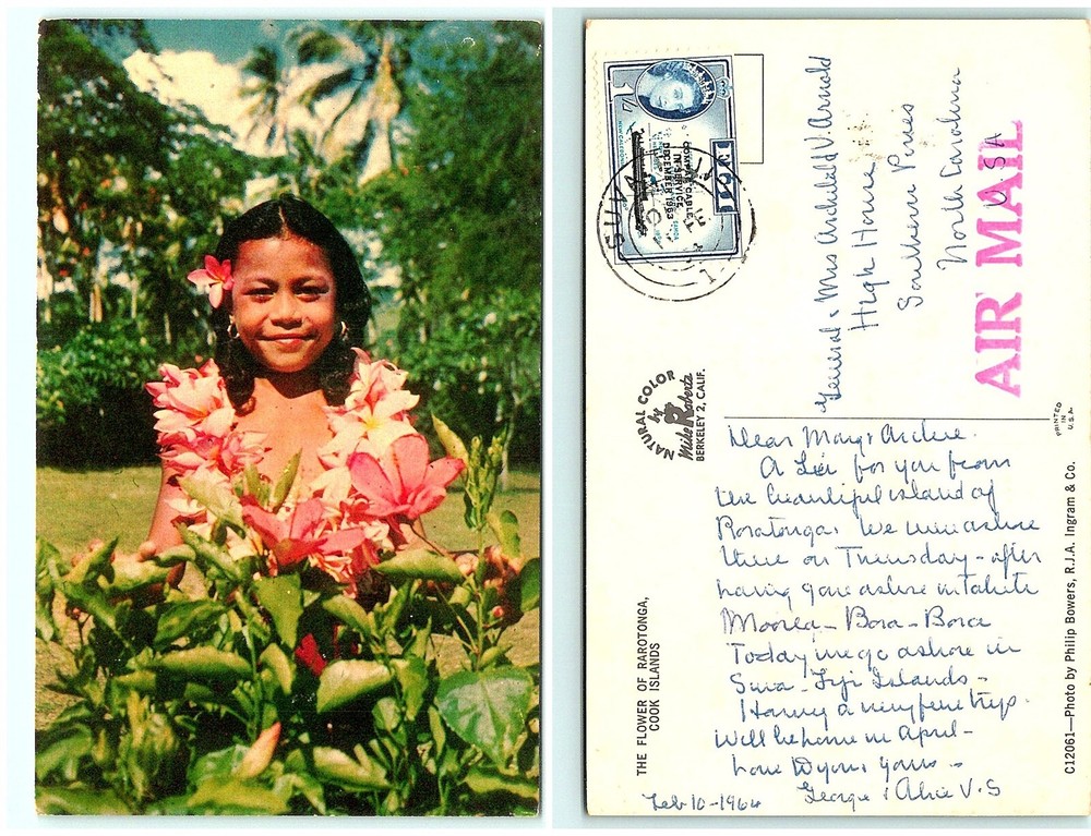 S04-6347, The Flower Of Rarotonga, Cook Island, Fiji 1954 To Usa, Postcard