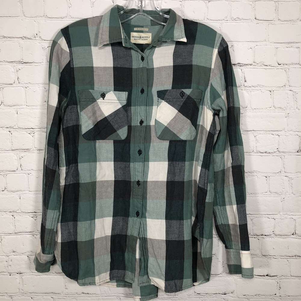 Denim & Supply Ralph Lauren Flannel Shirt Womens Small Green White Plaid Outdoor