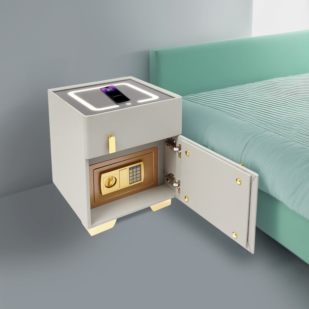 Grey Phone Charging Bedside Cabinet with Safe and Combination Lock