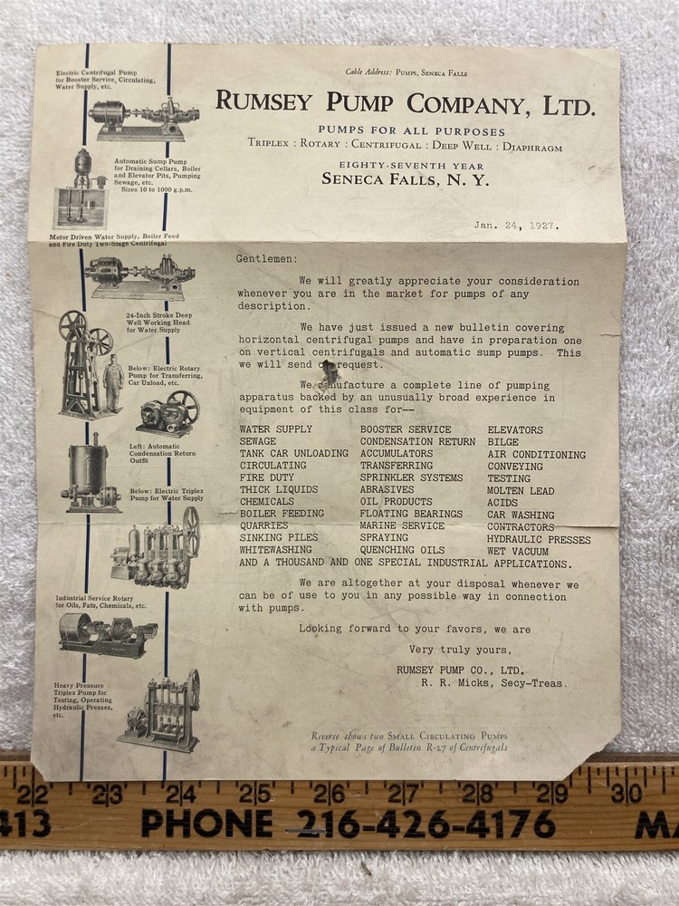 1927 Rumsey Pump Company LTD Seneca Falls NY Information Sheet Vtg