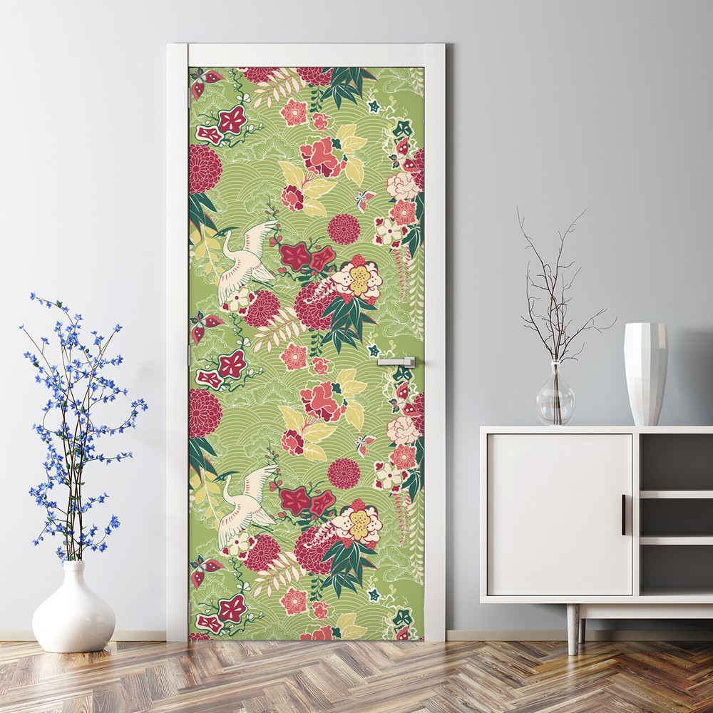 Oriental silk bubble-free large pink and green door decal sticker decor