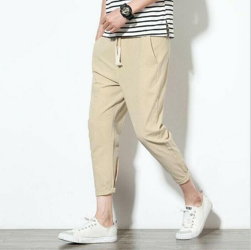 Men's Linen Harem Pants Cropped Elastic waist Summer Casual Plain Trousers