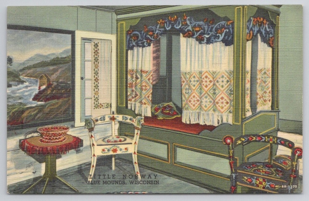Little Norway Blue Mounds Wisconsin Norwegian Folk Art Linen Postcard 1938