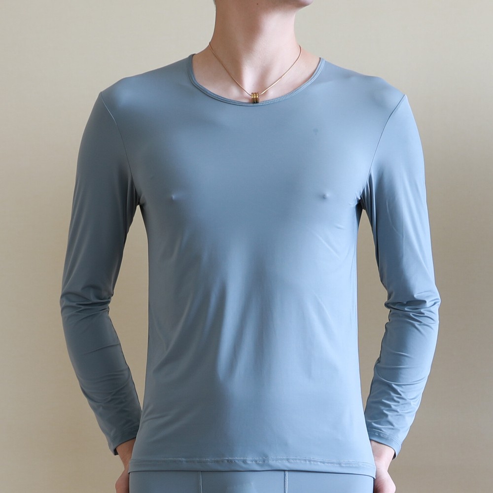 Mens Ice Silk  Baselayer Shirts Long Sleeve Tops T-Shirt Nightwear Thin Pajamas