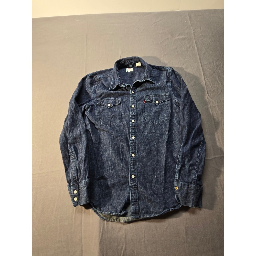 Levis Mens Denim Western Shirt Small Indigo Blue Pearl Snap Long Sleeve Cotton