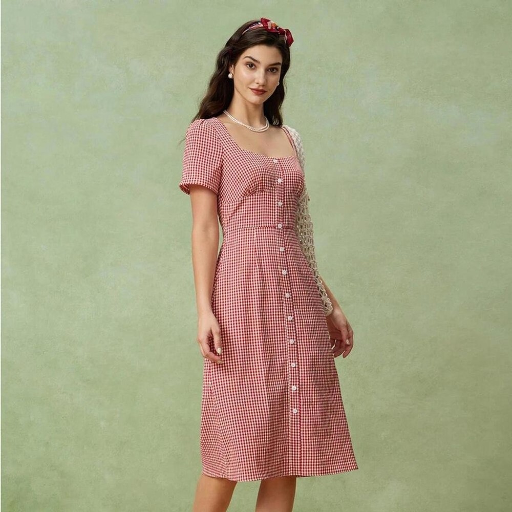 RIHOAS Red Plaid Square Neck Midi Dress M