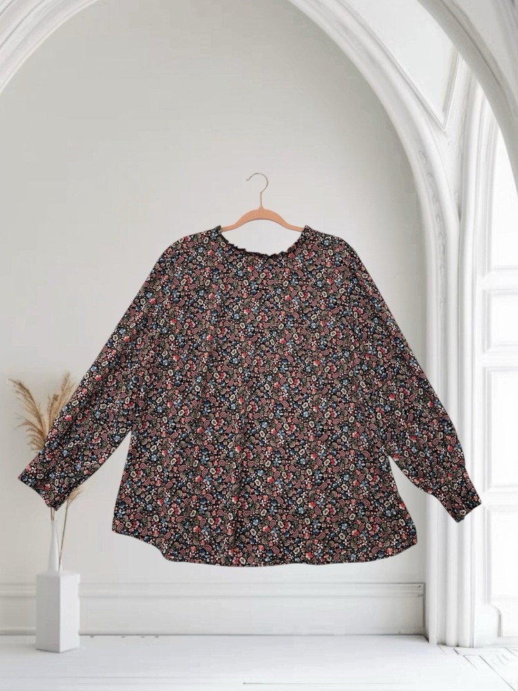 LOFT Plus Womens Paisley V Neck Tie Back Long Sleeve Top Size 18 Ruffle Neck