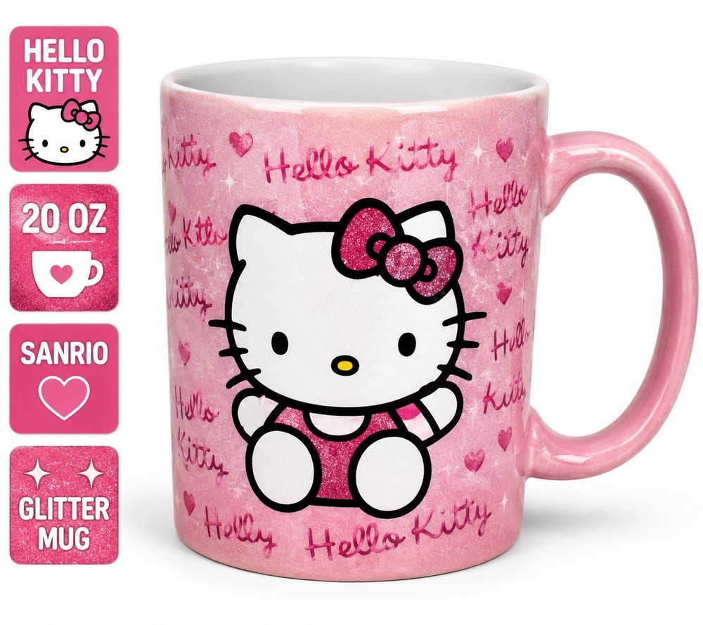 Hello Kitty Pink Coffee Mug 20 oz Sanrio Glitter Ceramic Cup