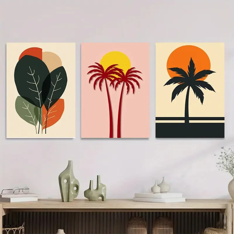 3pcs Tropical Palm Tree Modern Abstract Wall Art Canvas Framed or Unframed-image