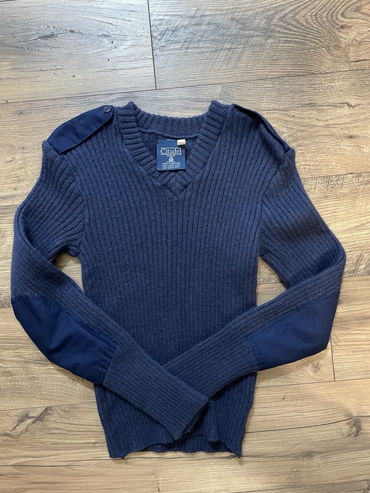 Vintage Citadel Military Sweater Elbow Patches Blue Size 40 100% Virgin Wool