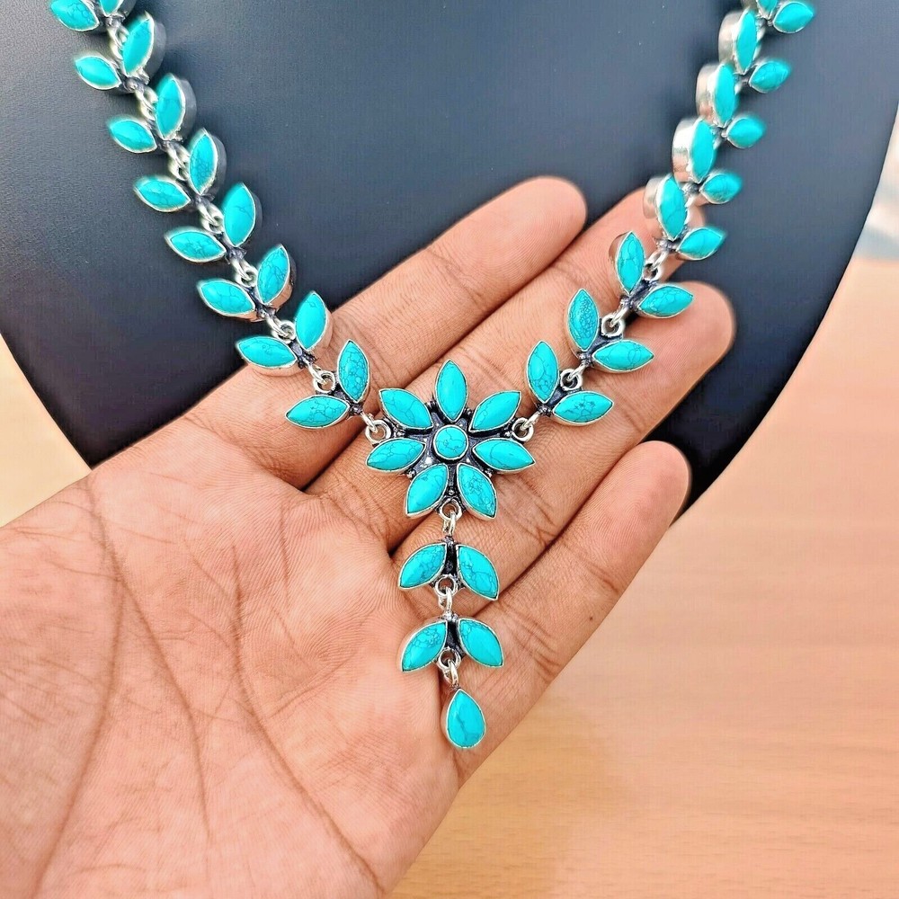 Natural Turquoise Necklace 925 Sterling Silver Handmade Gemstone Jewelry